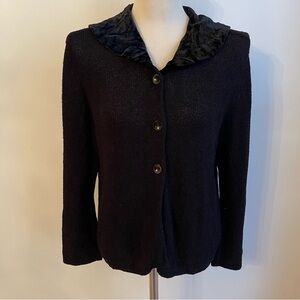 Vintage J. Jill Silk Linen Black Knit Cardigan Sweater Velvet Collar Medium